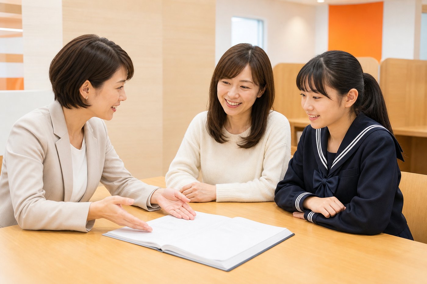 スタッフが保護者様と生徒の学習相談に応じる様子（イメージ）