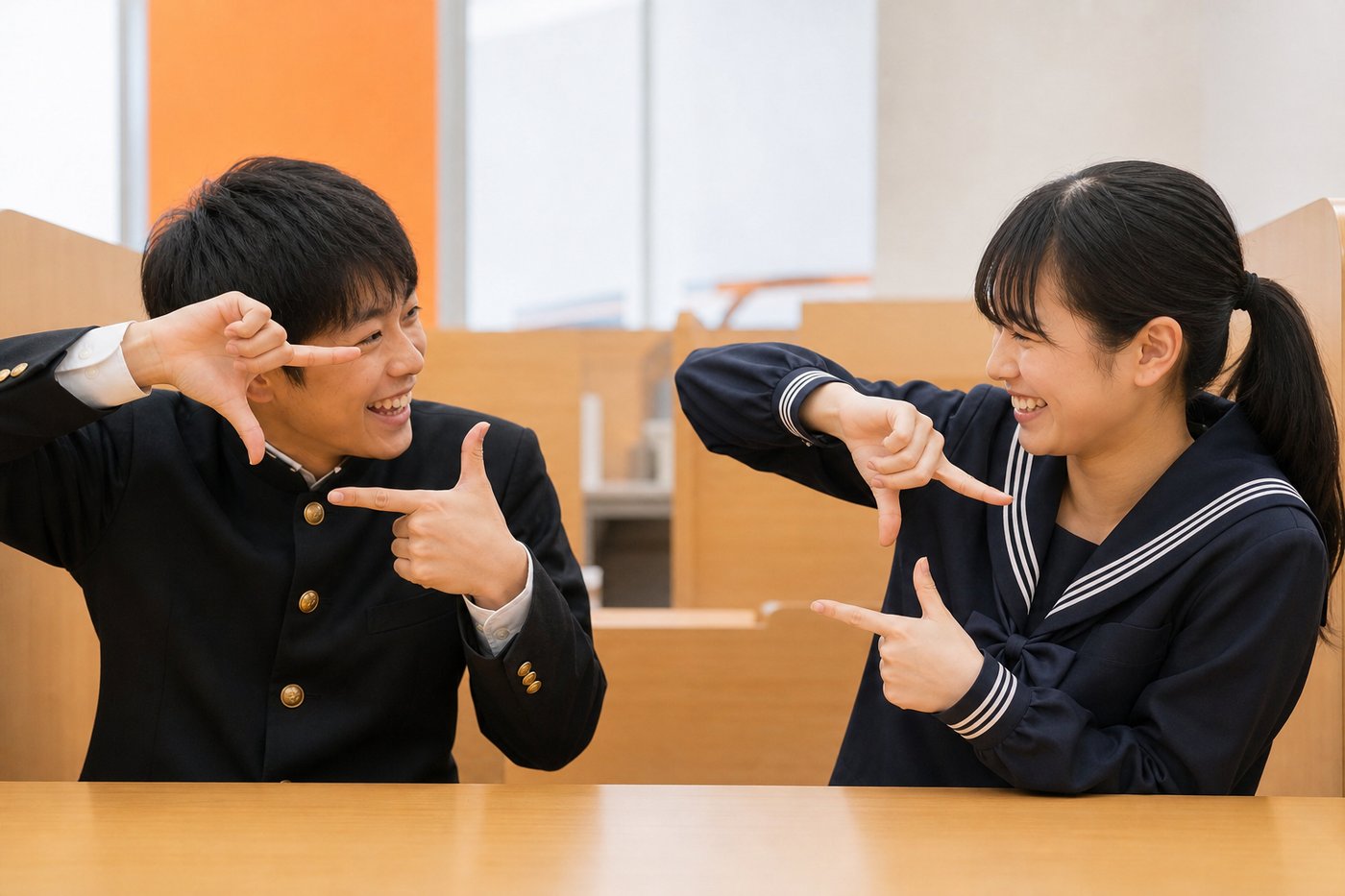 生徒同士が笑顔でポーズをとる和やかな教室風景（イメージ）