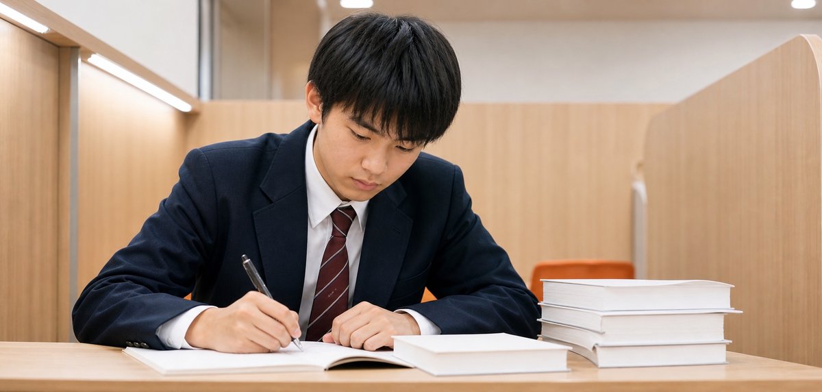 参考書を積んで受験勉強に集中する高校生（イメージ）