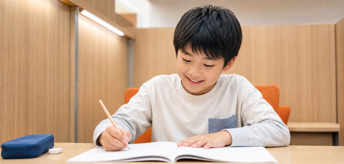 机に向かって楽しそうに勉強する小学生（イメージ）